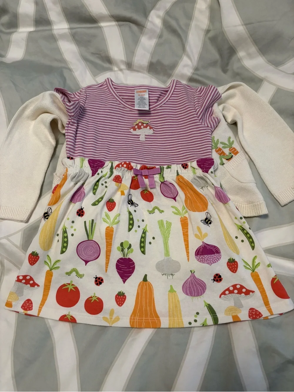 Gymboree Cream Cardigan and Vegetable Print Dress with Purple Stripe Bodice